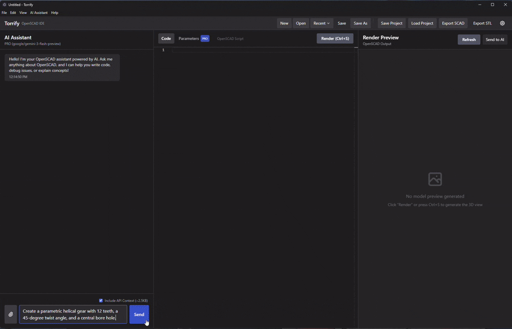 30 second demo of Torrify showing AI-assisted parametric 3D design workflow